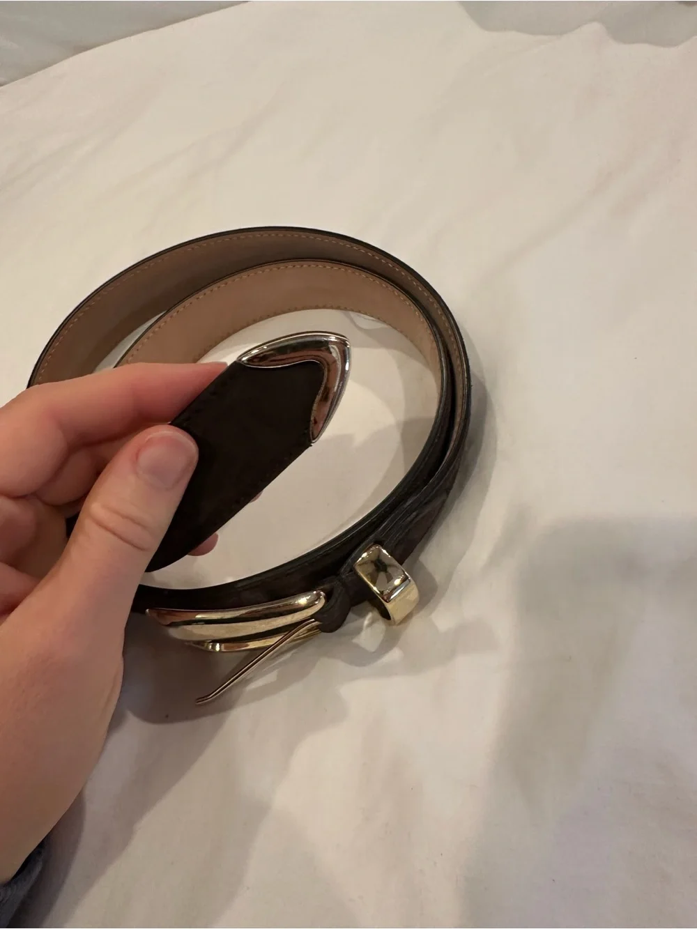 KHAITE Suede Leather Women's Belt with Gold Buckle - Dark Brown